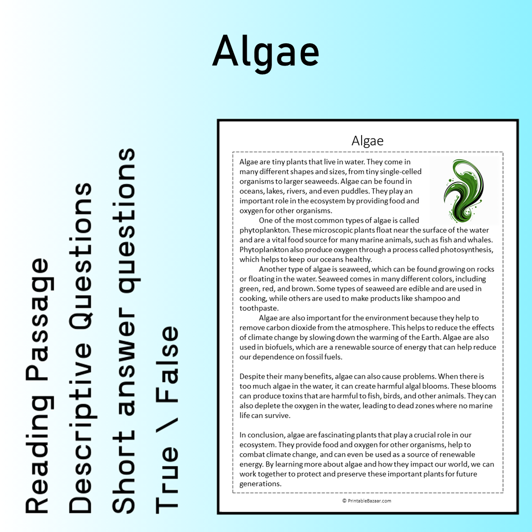 Algae | Reading Comprehension Passage Printable Worksheet