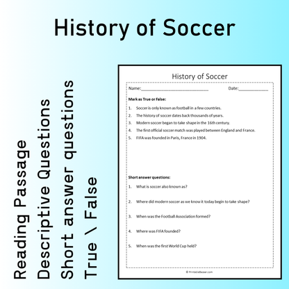 History of Soccer | Reading Comprehension Passage Printable Worksheet