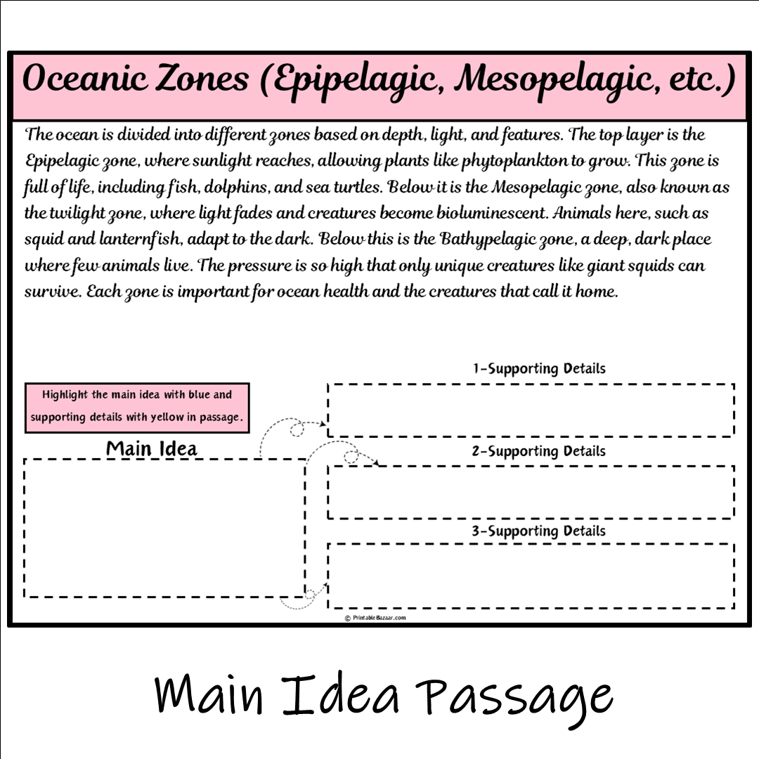 Oceanic Zones (Epipelagic, Mesopelagic, etc.) | Main Idea and Supporting Details Reading Passage and Questions