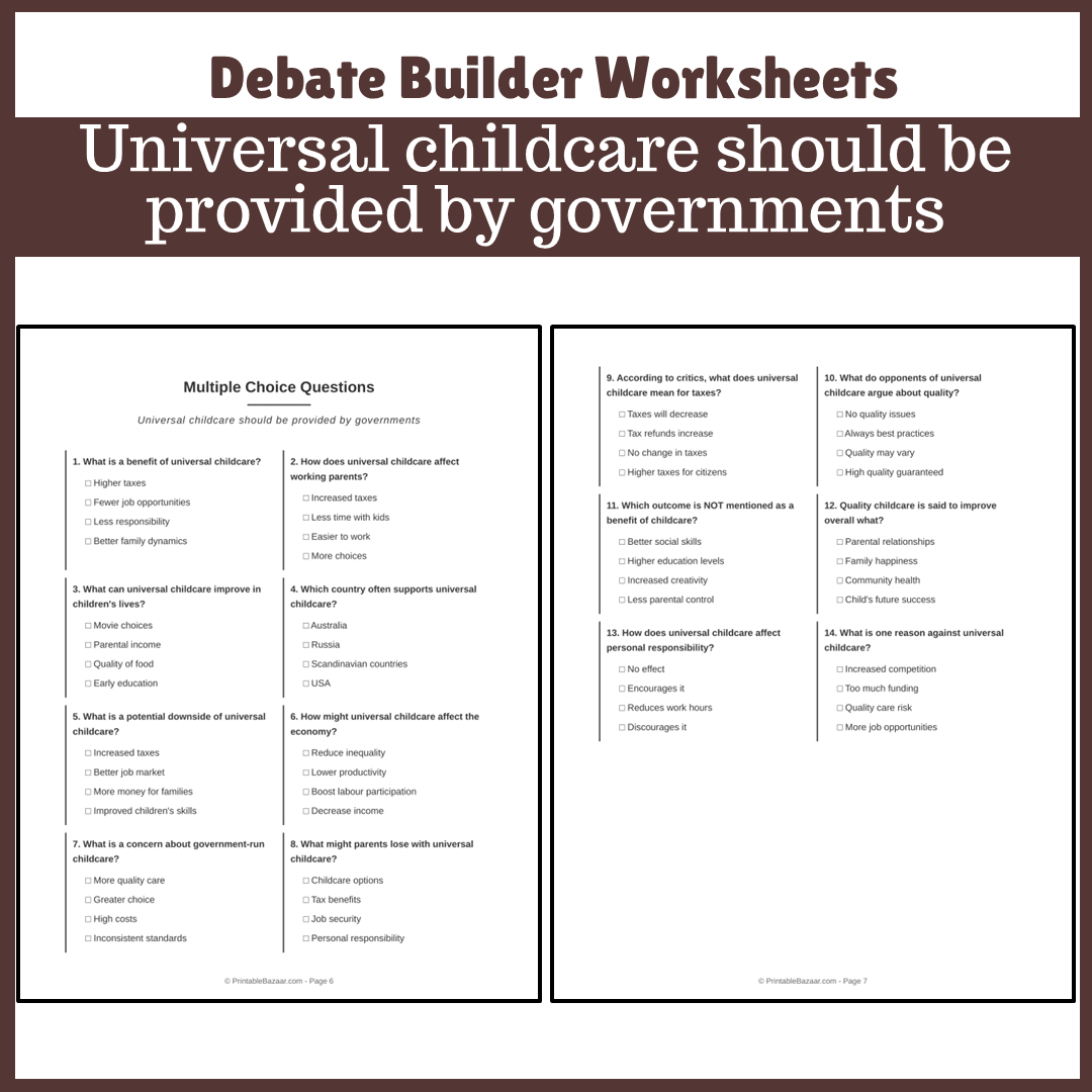 Universal childcare should be provided by governments | Favour and Against Worksheet Printable Activity