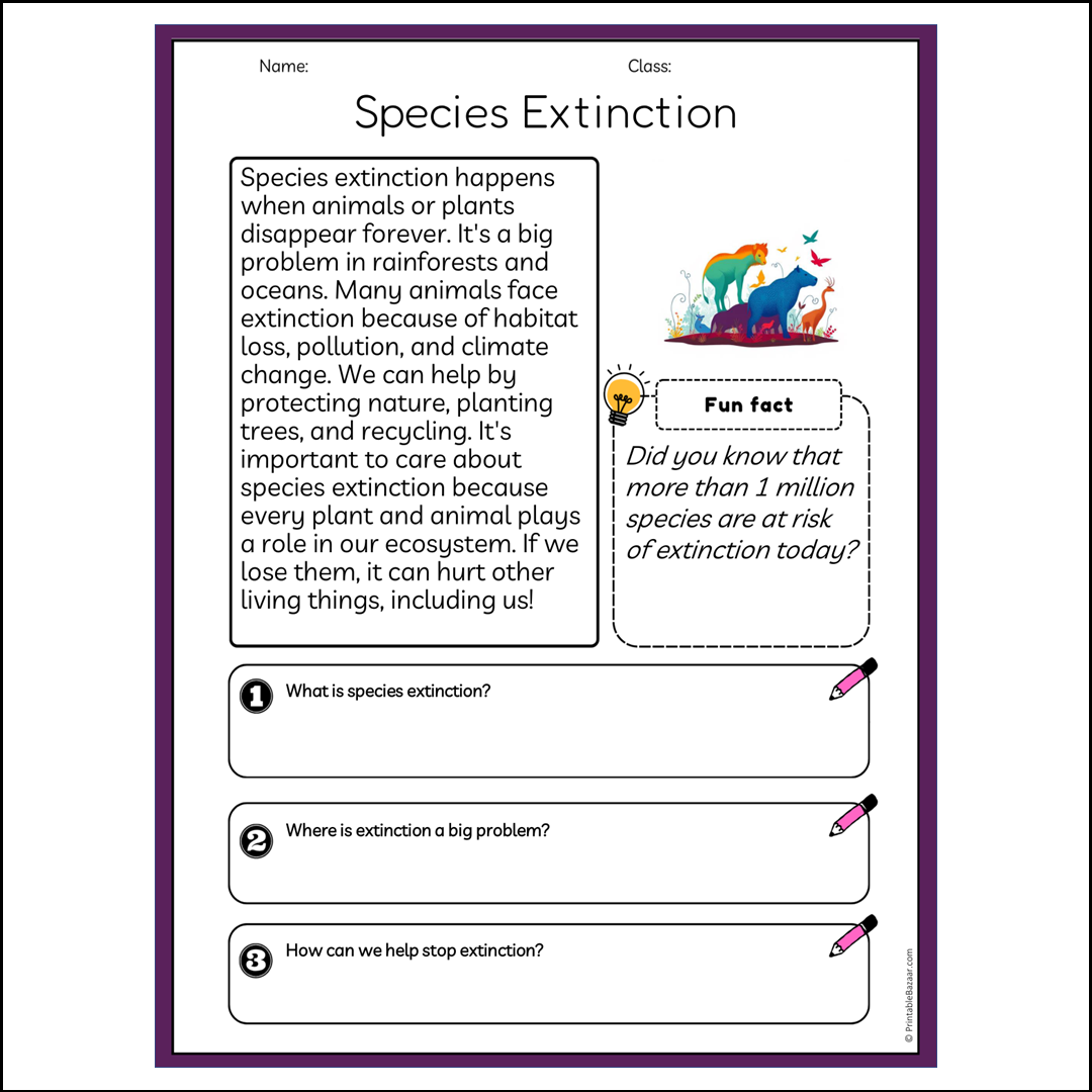 Species Extinction | Reading Passage Comprehension Questions Writing Facts Worksheet