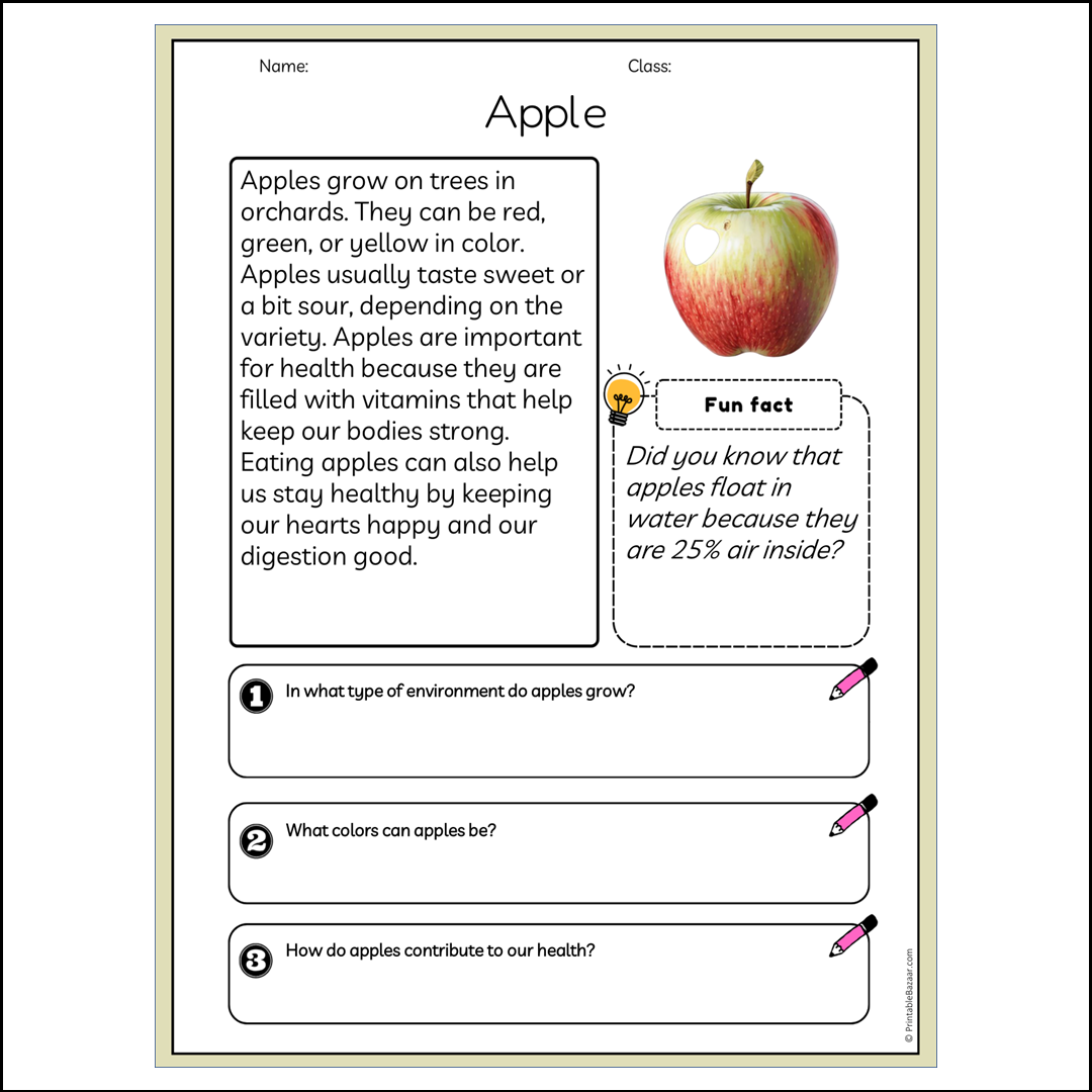 Apple | Reading Passage Comprehension Questions Writing Facts Worksheet