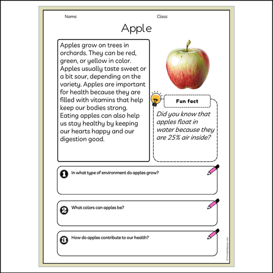 Apple | Reading Passage Comprehension Questions Writing Facts Worksheet