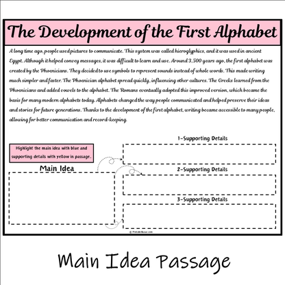 The Development of the First Alphabet | Main Idea and Supporting Details Reading Passage and Questions