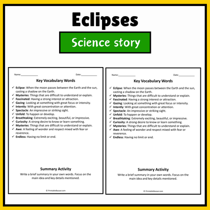 Eclipses | Science Story Reading Comprehension Activity