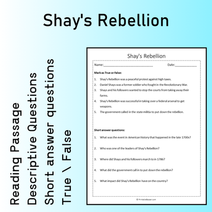 Shay's Rebellion | Reading Comprehension Passage Printable Worksheet