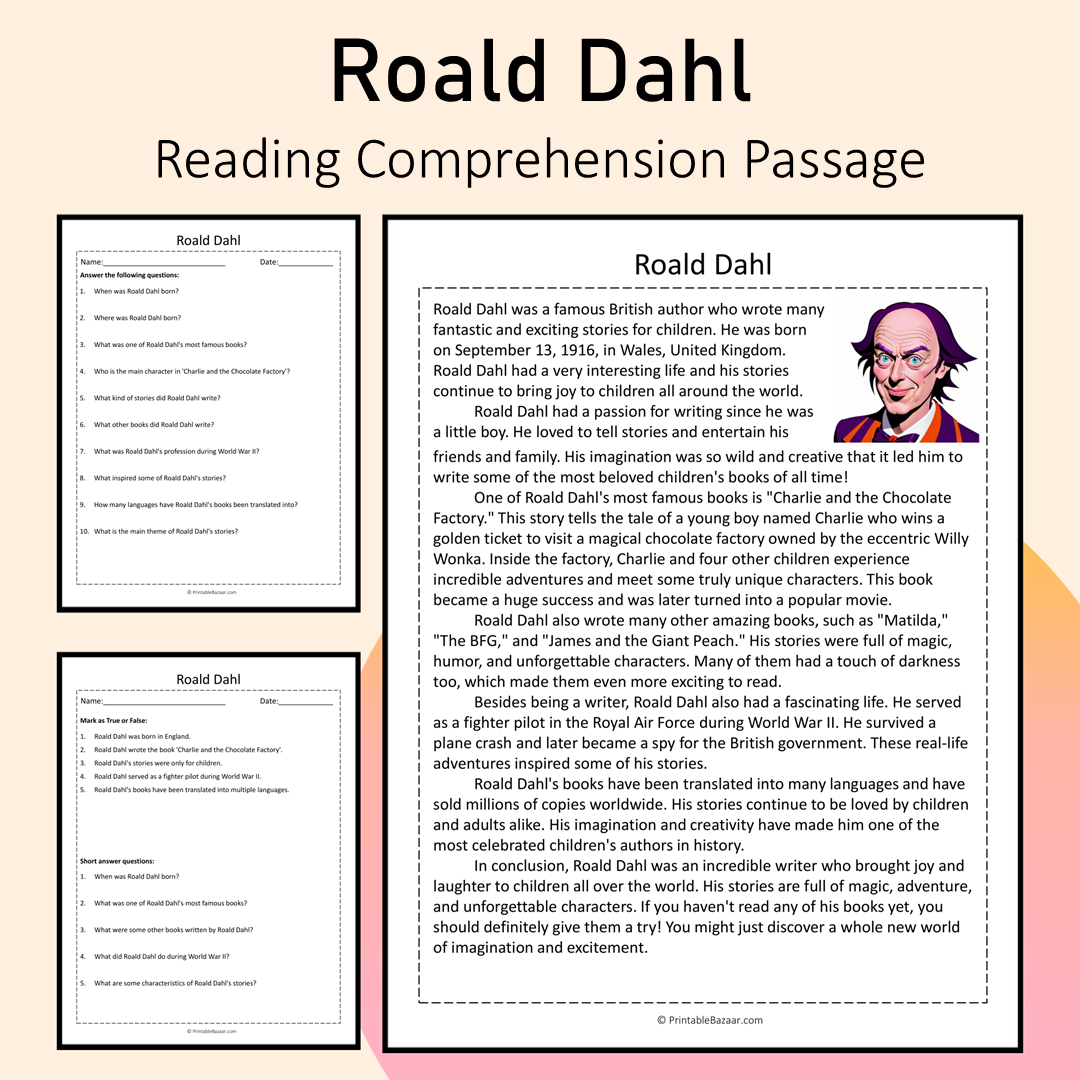 Roald Dahl | Reading Comprehension Passage Printable Activity