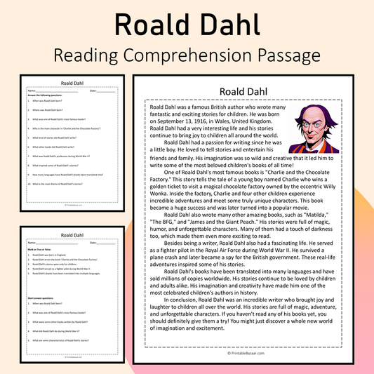 Roald Dahl | Reading Comprehension Passage Printable Activity