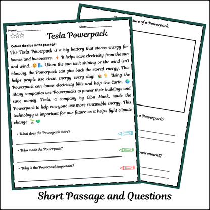 Tesla Powerpack | Short Reading Comprehension Creative Worksheet
