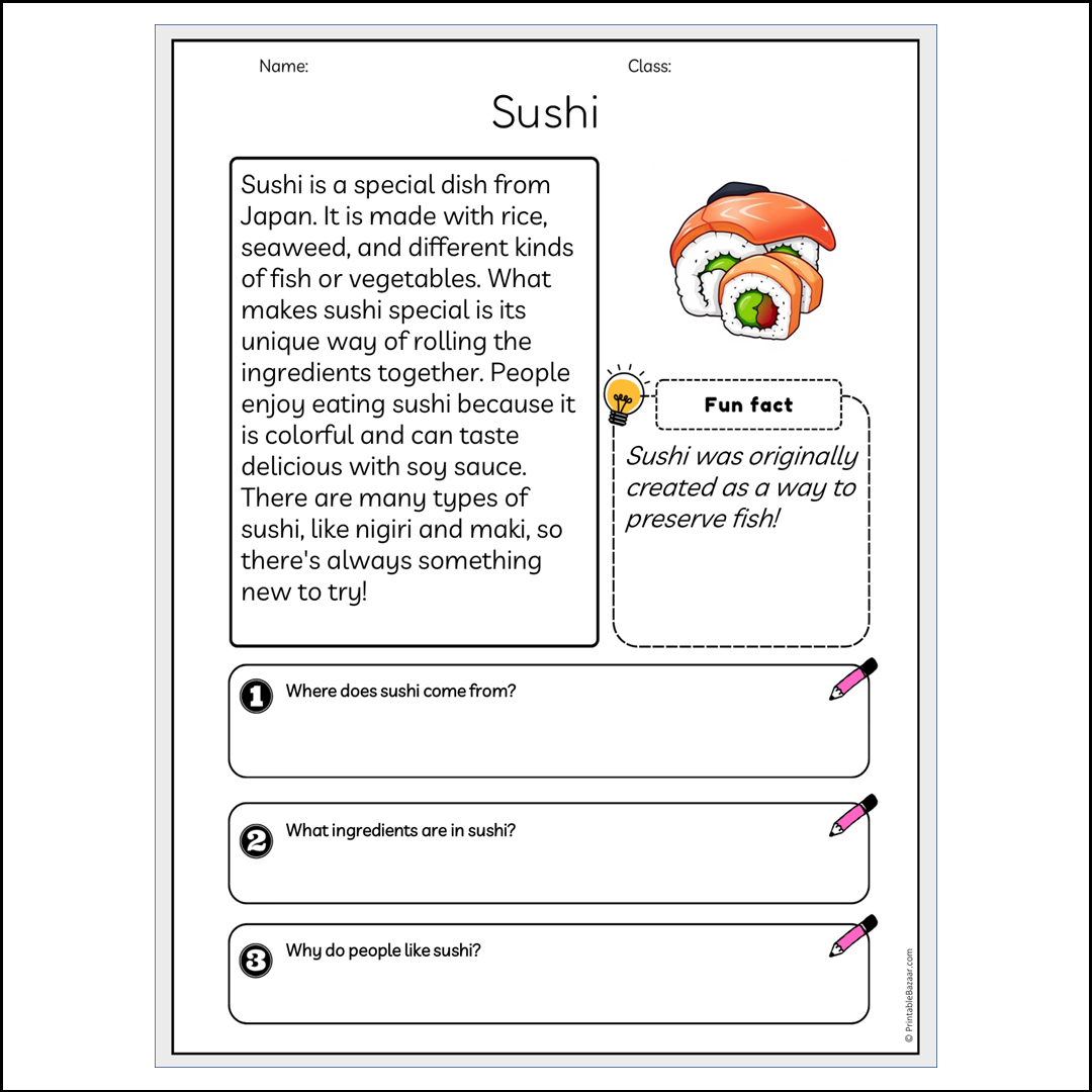 Sushi | Reading Passage Comprehension Questions Writing Facts Worksheet