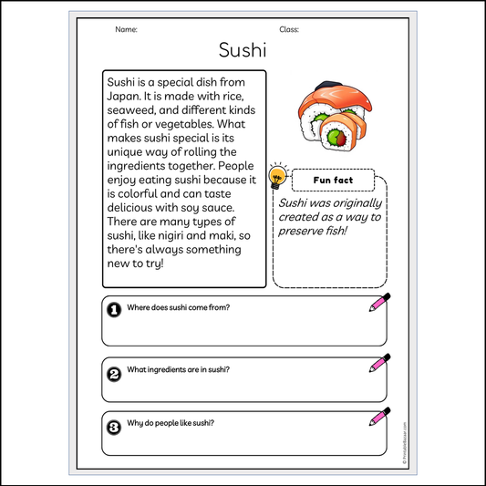 Sushi | Reading Passage Comprehension Questions Writing Facts Worksheet