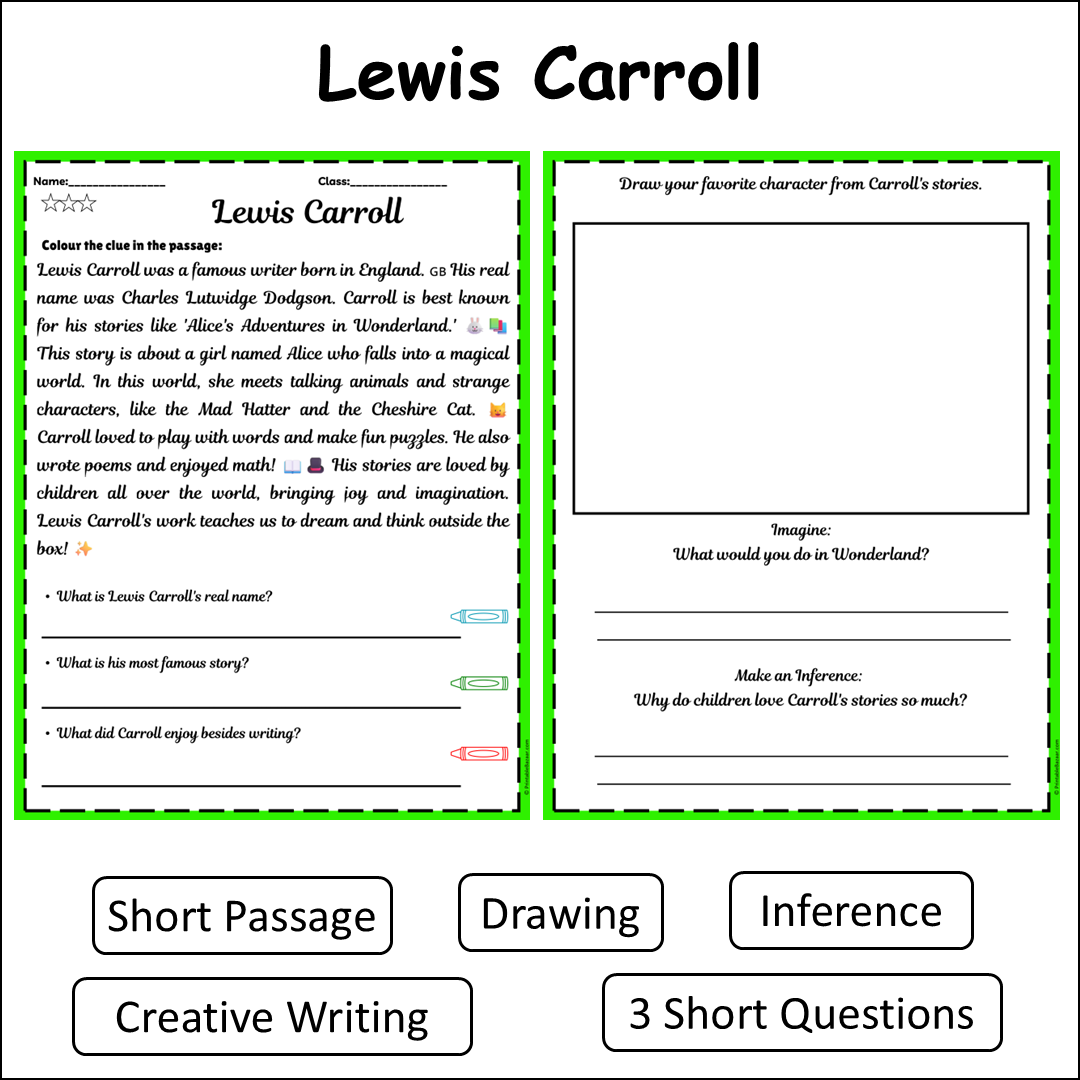 Lewis Carroll | Short Reading Comprehension Creative Worksheet
