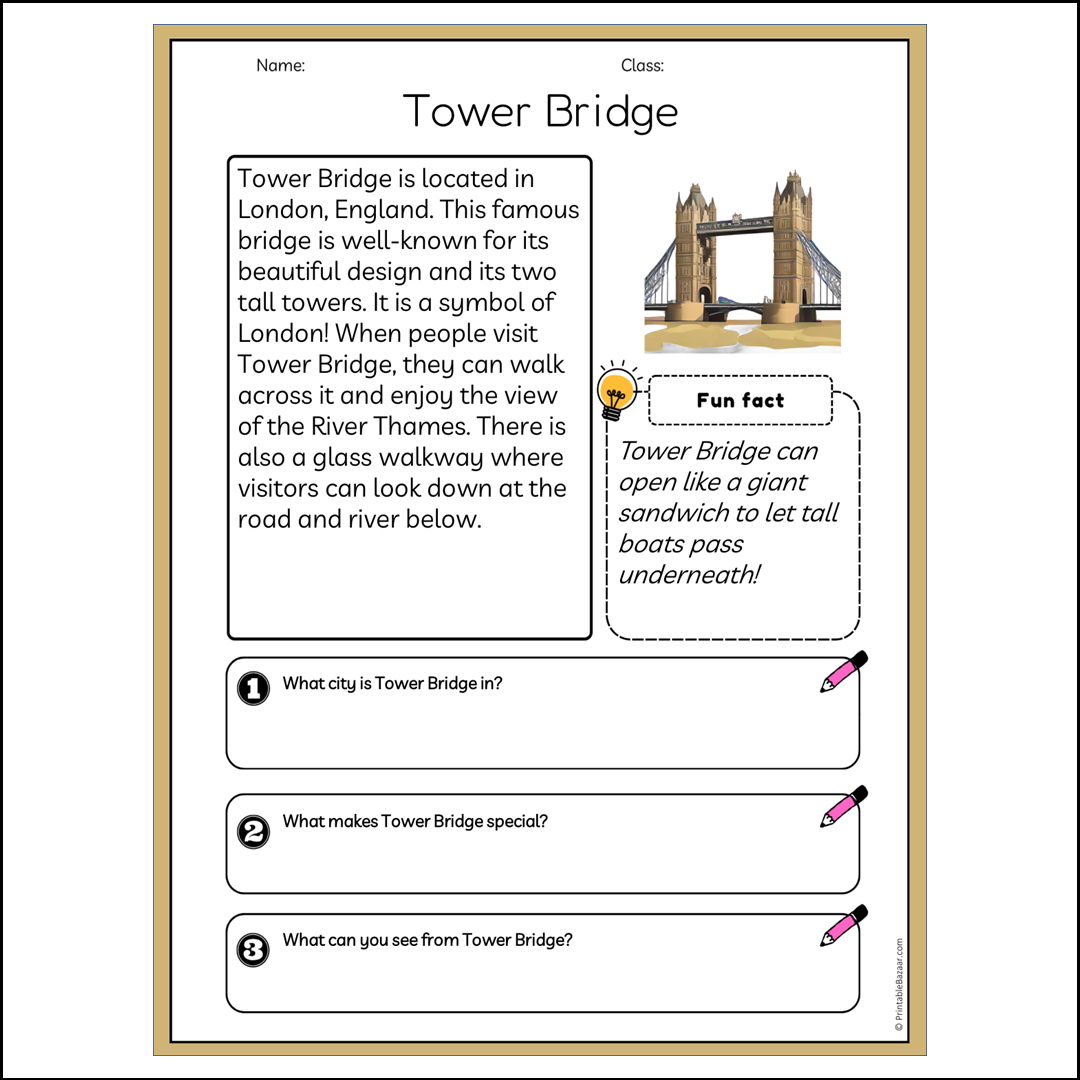 Tower Bridge | Reading Passage Comprehension Questions Writing Facts Worksheet