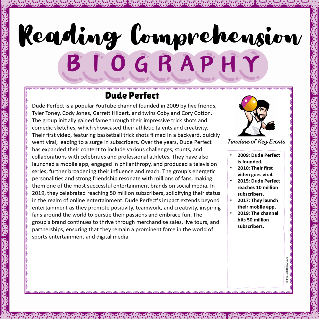 Dude Perfect | Biography Reading Comprehension and Questions Worksheet