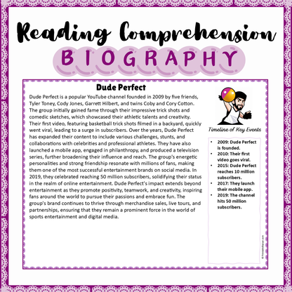 Dude Perfect | Biography Reading Comprehension and Questions Worksheet