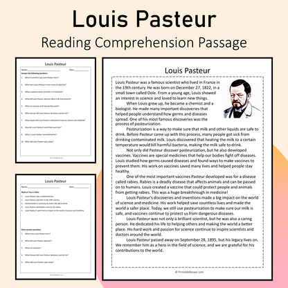 Louis Pasteur | Reading Comprehension Passage Printable Activity