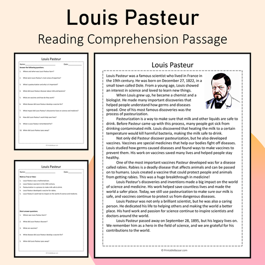 Louis Pasteur | Reading Comprehension Passage Printable Activity