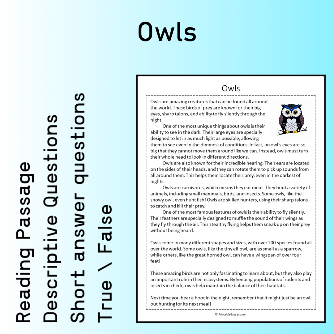 Owls | Reading Comprehension Passage Printable Worksheet