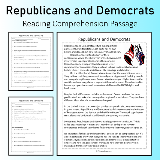 Republicans and Democrats | Reading Comprehension Passage Printable Worksheet