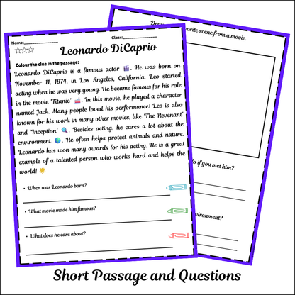Leonardo DiCaprio | Short Reading Comprehension Creative Worksheet