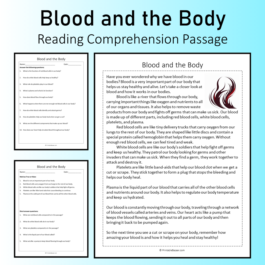 Blood and the Body | Reading Comprehension Passage Printable Worksheet
