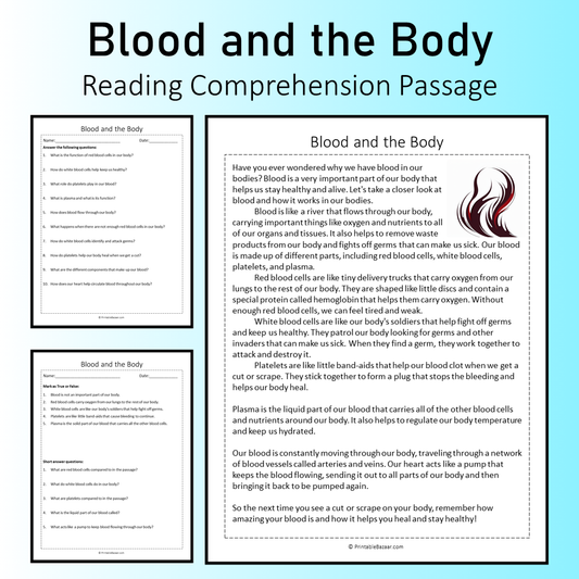 Blood and the Body | Reading Comprehension Passage Printable Worksheet