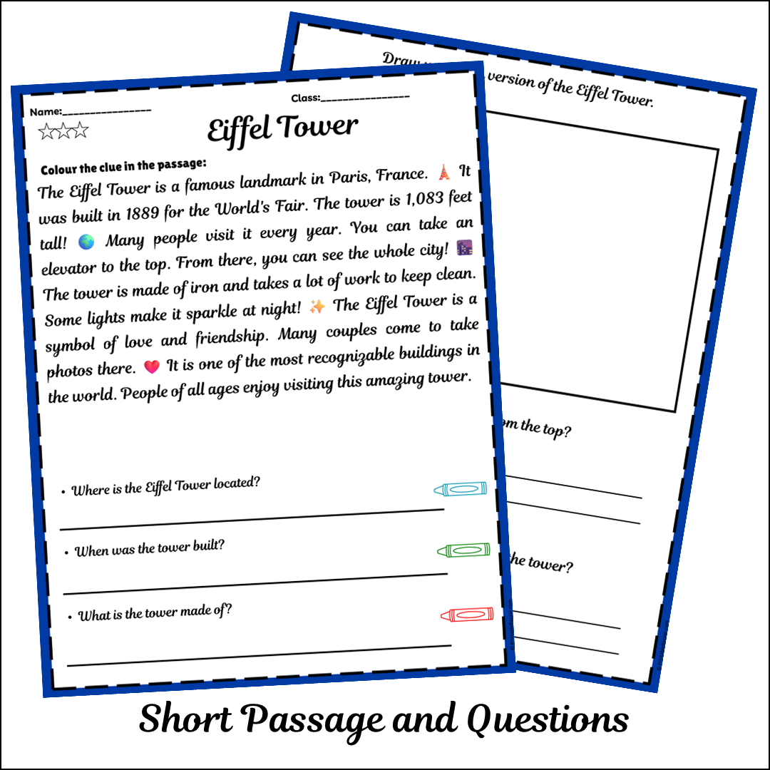 Eiffel Tower | Short Reading Comprehension Creative Worksheet