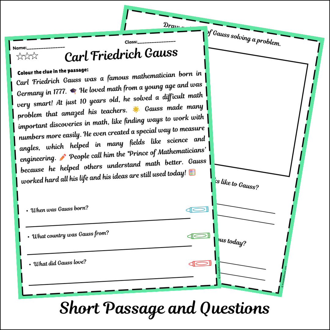 Carl Friedrich Gauss | Short Reading Comprehension Creative Worksheet