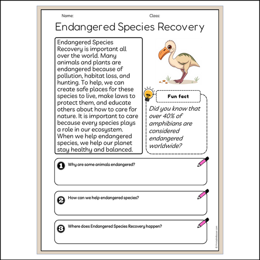 Endangered Species Recovery | Reading Passage Comprehension Questions Writing Facts Worksheet