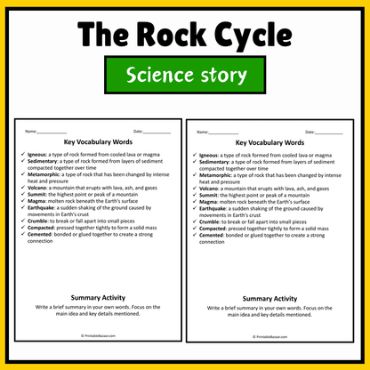 The Rock Cycle | Science Story Reading Comprehension Activity