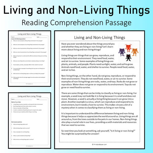 Living and Non-Living Things | Reading Comprehension Passage Printable Worksheet