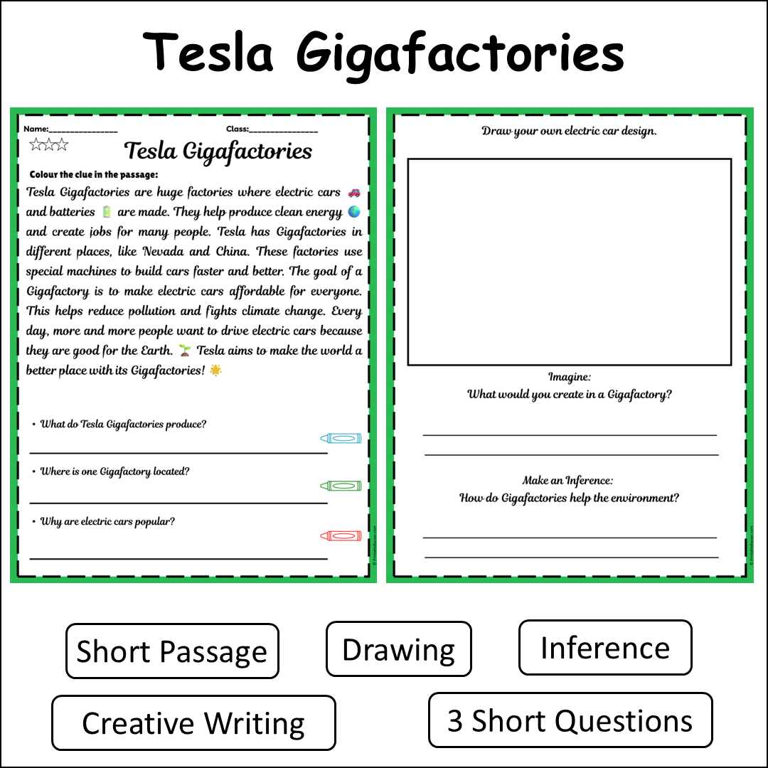 Tesla Gigafactories | Short Reading Comprehension Creative Worksheet