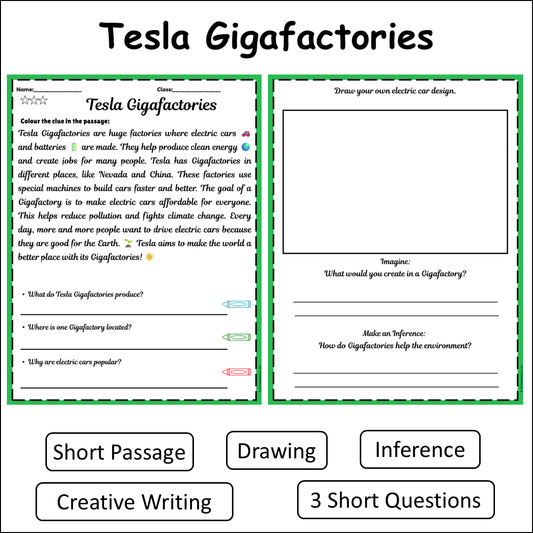 Tesla Gigafactories | Short Reading Comprehension Creative Worksheet