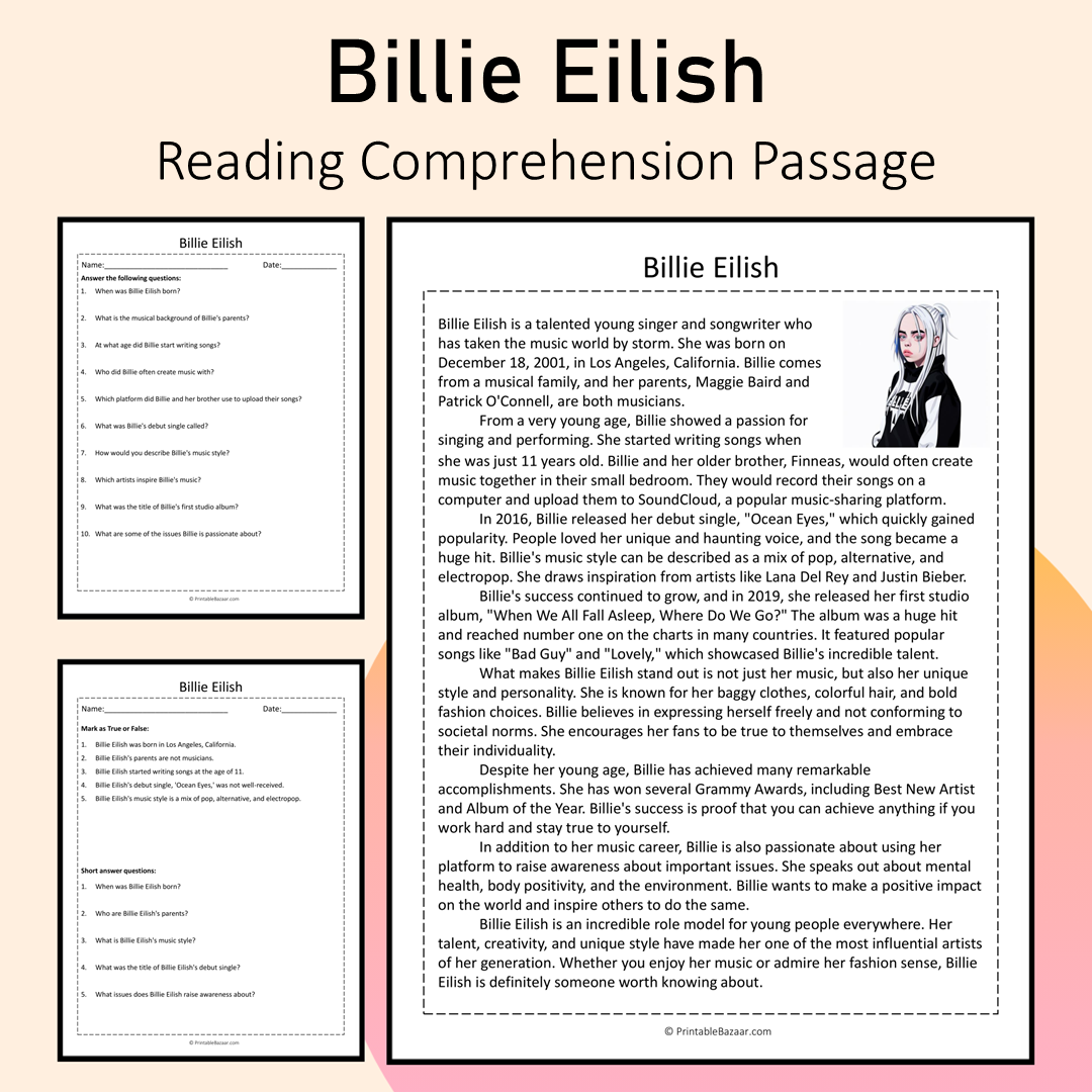 Billie Eilish | Reading Comprehension Passage Printable Activity