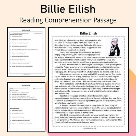Billie Eilish | Reading Comprehension Passage Printable Activity