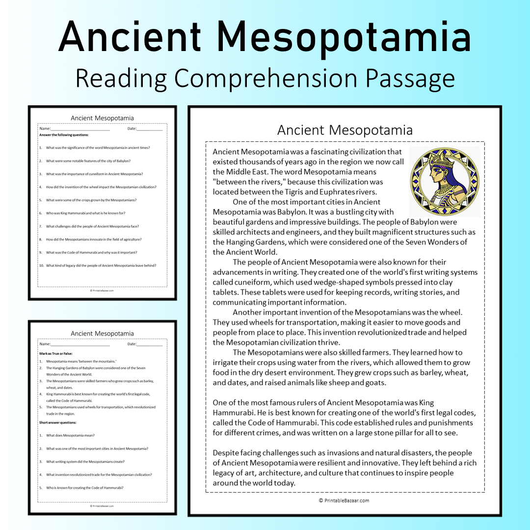 Ancient Mesopotamia | Reading Comprehension Passage Printable Worksheet