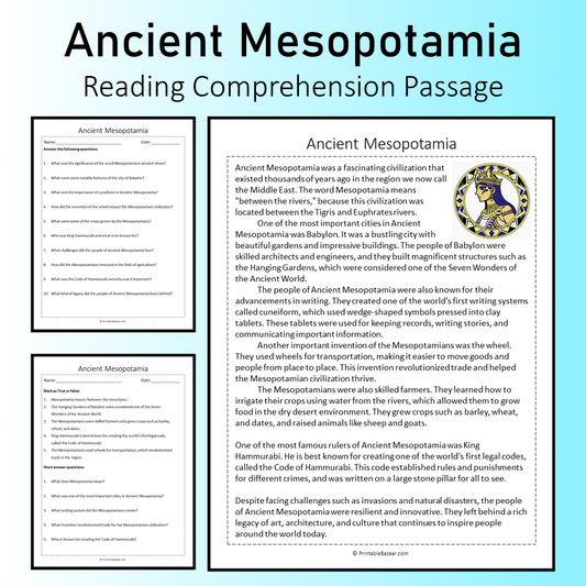 Ancient Mesopotamia | Reading Comprehension Passage Printable Worksheet