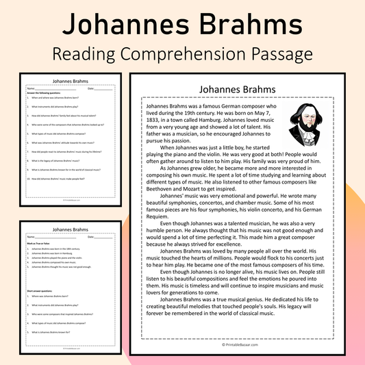 Johannes Brahms | Reading Comprehension Passage Printable Activity
