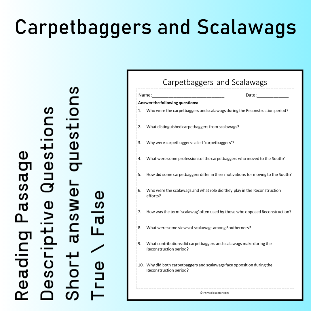 Carpetbaggers and Scalawags | Reading Comprehension Passage Printable Worksheet