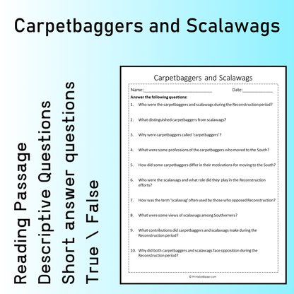 Carpetbaggers and Scalawags | Reading Comprehension Passage Printable Worksheet
