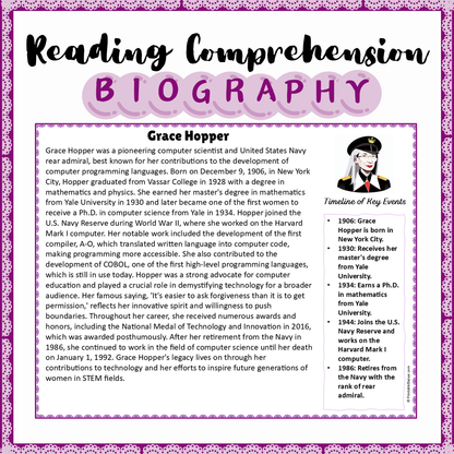 Grace Hopper | Biography Reading Comprehension and Questions Worksheet