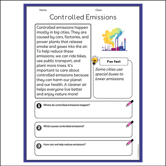 Controlled Emissions | Reading Passage Comprehension Questions Writing Facts Worksheet