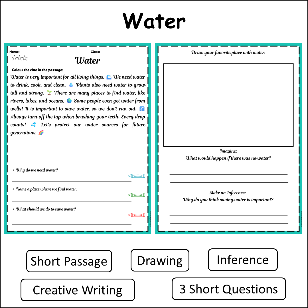 Water | Short Reading Comprehension Creative Worksheet