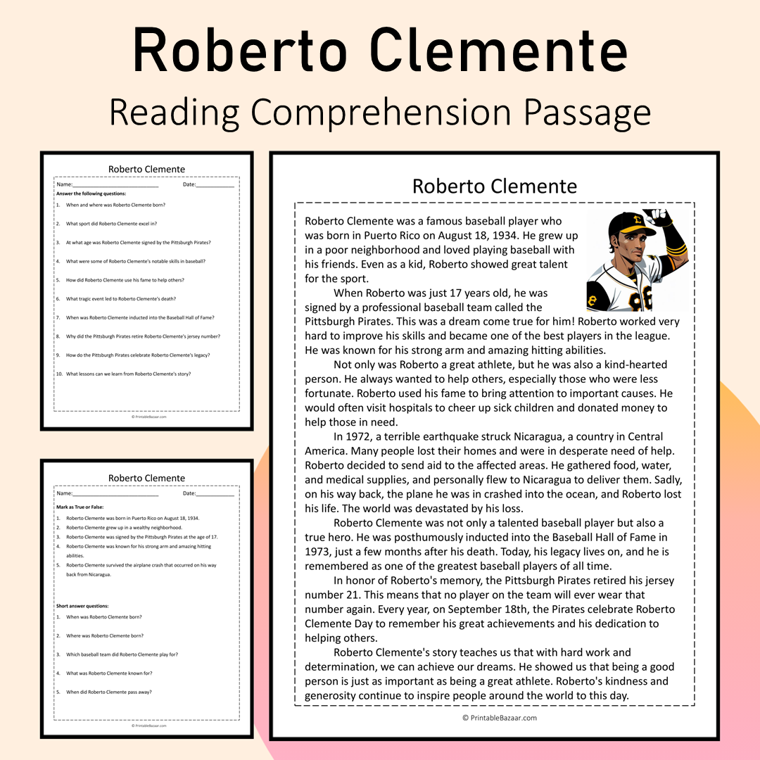 Roberto Clemente | Reading Comprehension Passage Printable Activity