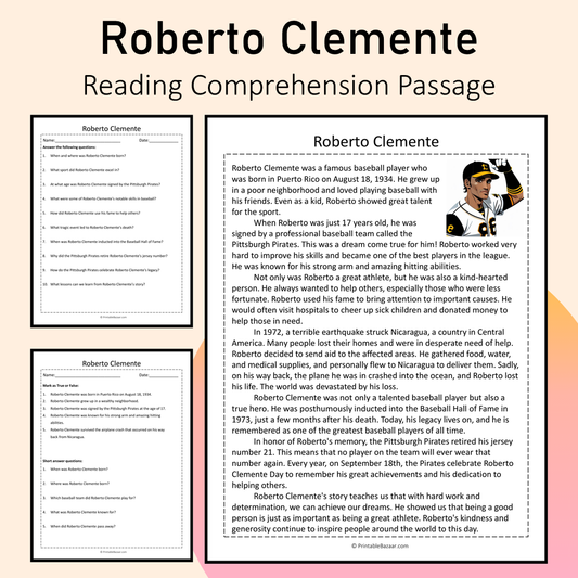 Roberto Clemente | Reading Comprehension Passage Printable Activity