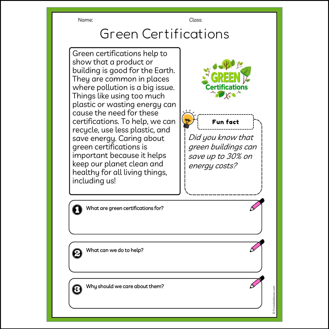 Green Certifications | Reading Passage Comprehension Questions Writing Facts Worksheet