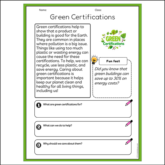 Green Certifications | Reading Passage Comprehension Questions Writing Facts Worksheet