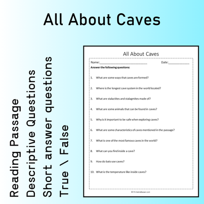 All About Caves | Reading Comprehension Passage Printable Worksheet