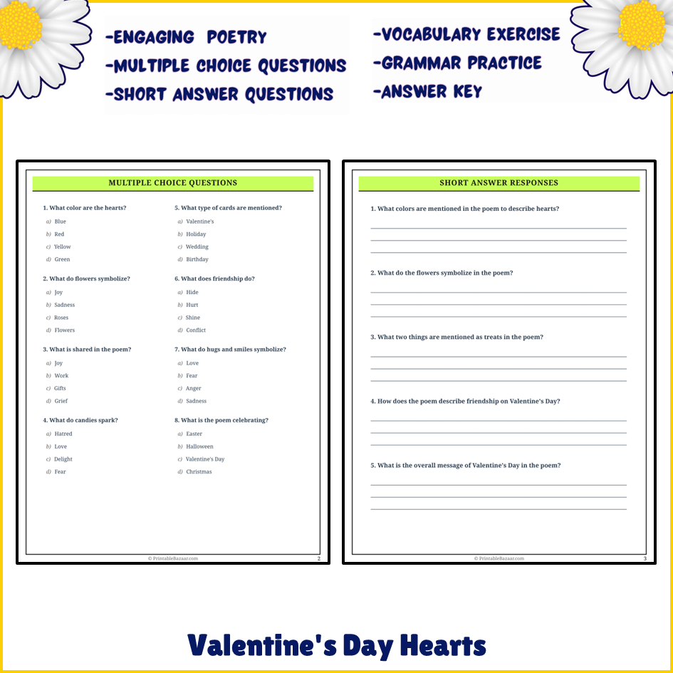 Valentine's Day Hearts | Poem Grammar Worksheet Printable Activity