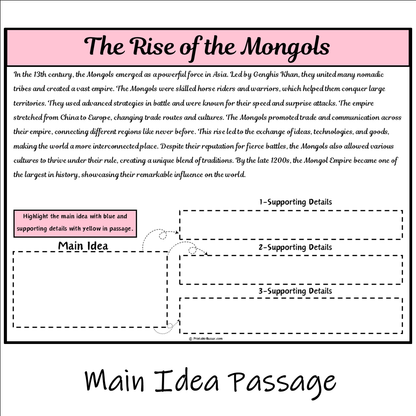 The Rise of the Mongols | Main Idea and Supporting Details Reading Passage and Questions